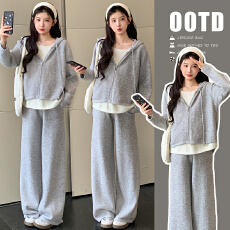 新款秋冬长袖连帽假两件套装秋冬宽松显瘦慵懒风套装