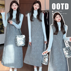 2025秋冬超级韩系蓝灰配色谁能拒绝质感超棒灰色立体蝴蝶结毛呢裙