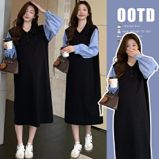 2026春季新款设计师假两件衬衫针织连衣裙宽松显瘦拼接孕妇连衣裙