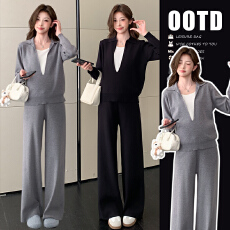 批发2026早春新款孕妇气质<b class='q'>休闲</b>显白显瘦翻领针织假两件套装