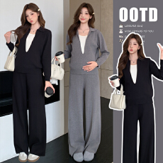 批发2026早春新款孕妇气质<b class='q'>休闲</b>显白显瘦翻领针织假两件套装