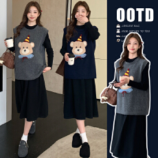 2025新款孕妇可爱卡通毛织马甲+高品质打底裙两件套