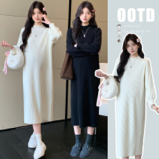 批发好质地孕妇装秋冬新款纯色显瘦孕妇高领加厚针织毛衣连衣裙