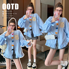 批发26新款蓝色条纹蝴蝶结衬衫春季新款设计感法式高级感轻奢韩版上衣