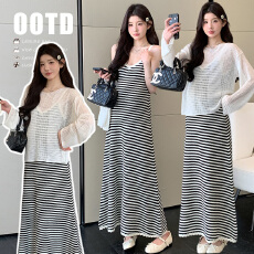 批发2026春<b class='q'>夏</b>条纹V领吊带连衣裙+镂空针织宽松慵懒风罩衫上衣