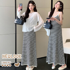 批发2026春<b class='q'>夏</b>条纹V领吊带连衣裙+镂空针织宽松慵懒风罩衫上衣