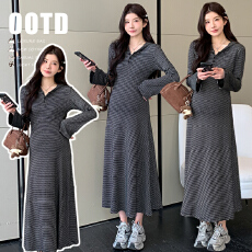 批发2026新款春季韩流<b class='q'>修身</b>显瘦黑白条纹长款连衣裙