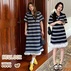 批发2026夏日限定夏季新款珠地条纹polo花瓣裙撞色短袖长短款<b class='q'>连衣裙</b>