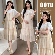 批发2026夏季新款孕妇装<b class='q'>韩版</b>纯棉T恤拼接<b class='q'>雪纺</b>连衣裙假两件套