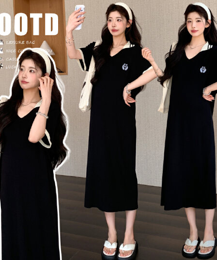 polo 드레스 2026 여름 새로운 임산부 학원 스타일 품격 폴로 칼라 반팔 치마
