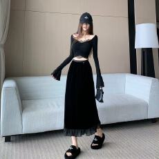 批发高级感丝绒半身裙女2025秋<b class='q'>冬</b>新款时尚百搭荷叶边高腰显瘦开衩长裙