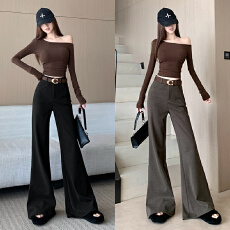 批发高级感复古咖色毛呢保暖微喇裤女2025秋季新款<b class='q'>时尚</b>高腰显瘦拖地裤