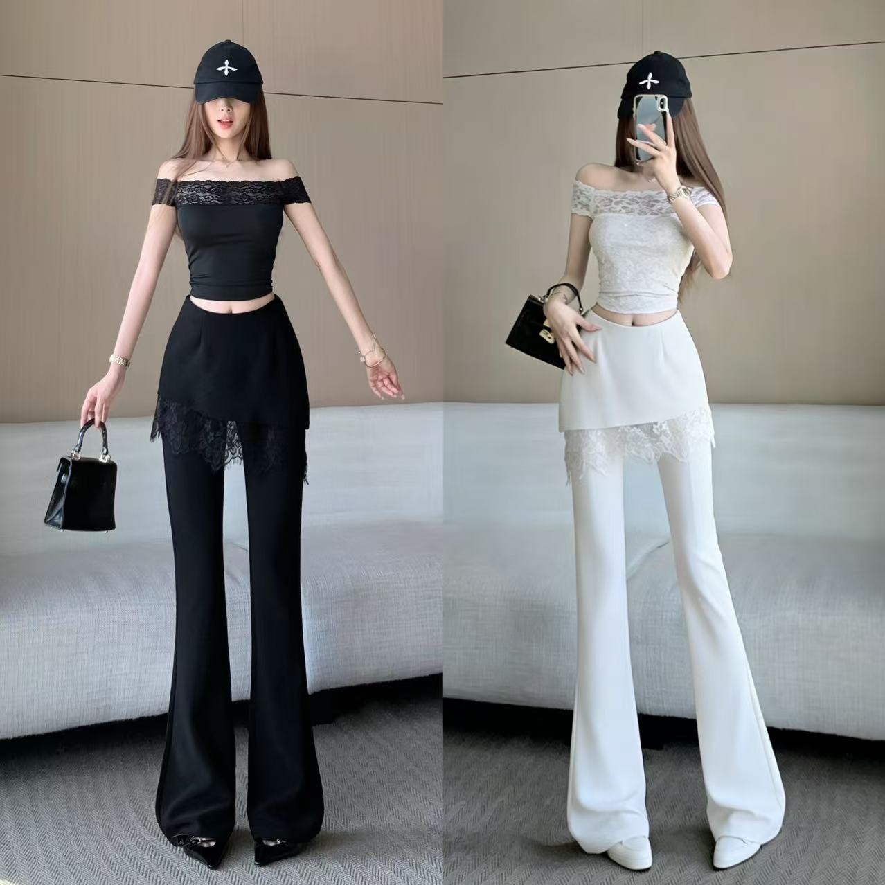 화이트 레이스 페이크 레이어드 랩스커트팬츠 부츠컷 바지 여성 2026 봄 여름 새로운 하이웨이스트 슬림해 보이는 패션 캐주얼 바닥 청소 바지