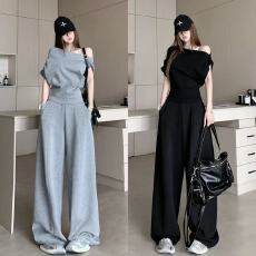 批发韩系灰色休闲套<b class='q'>装</b>女2026春夏<b class='q'>新款</b>设计感时尚露肩上衣+休闲阔腿<b class='q'>裤</b>