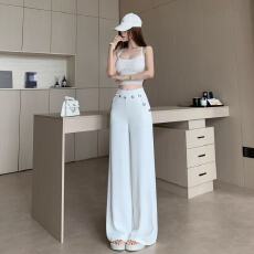 批发高级感气质白色阔腿裤女2026春夏腰头设计感垂感显瘦直筒拖地裤潮
