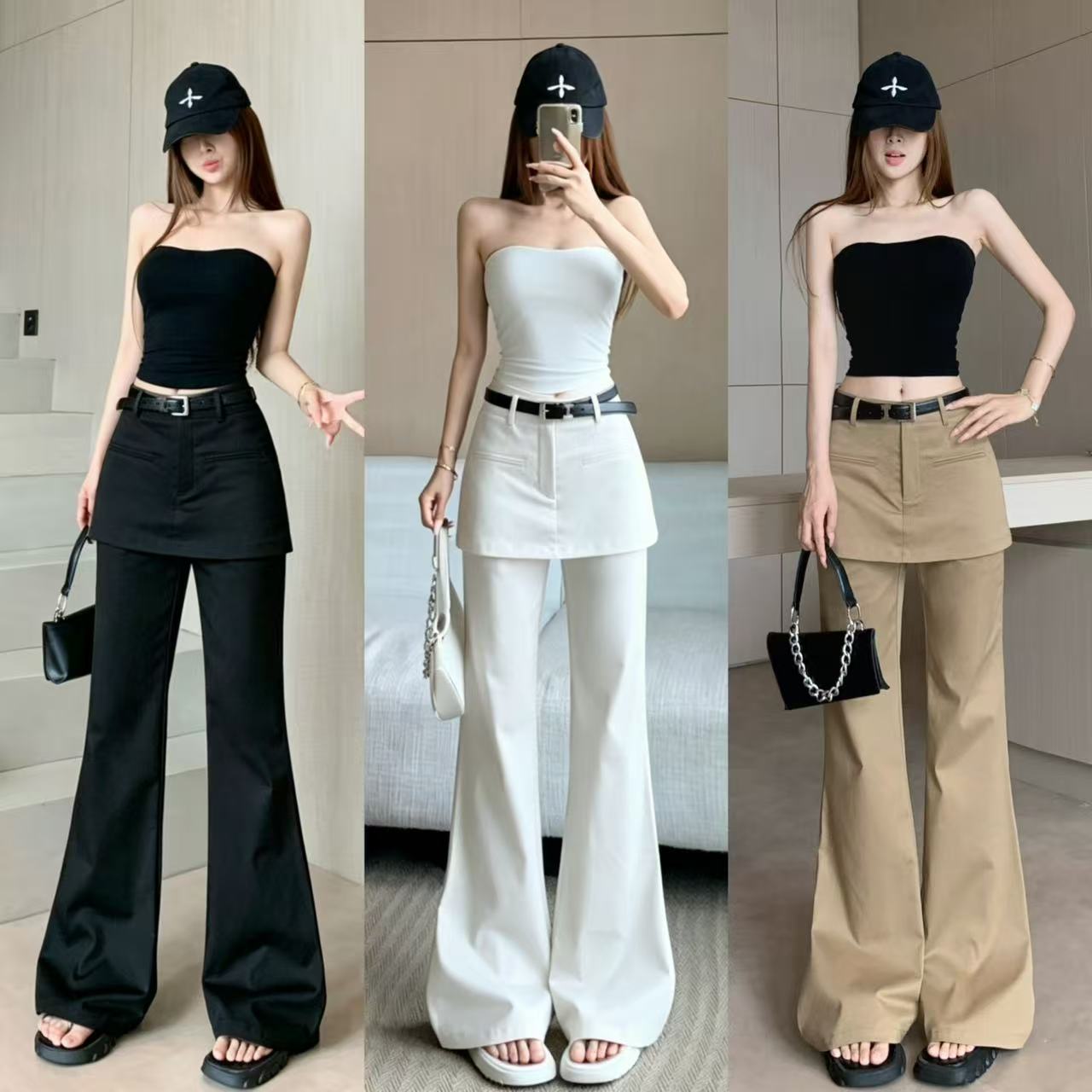 높은 품질 페이크 레이어드 방귀 커튼 부츠컷 바지 여성 2026 여름 새로운 패션 하이웨이스트 슬림해 보이는 도루 센스 캐주얼 긴 바지
