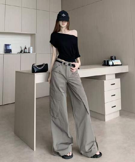 한 스타일 핫걸 바람 워크웨어 팬츠 여성 2026 여름 새로운 디자인 센스 패션 루즈핏 슬림해 보이는 캐주얼 와이드 레그 팬츠 트렌디