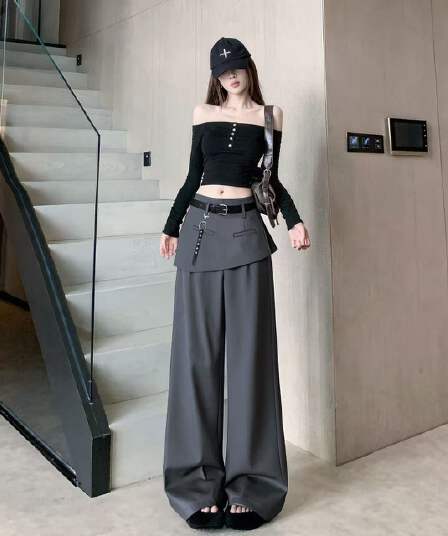 어두운 회색 방귀 커튼 페이크 레이어드 와이드 레깅스 바지 2026 가을 새로운 루즈핏 슬림해 보이는 표지 넓적 다리 캐주얼 바닥 청소 바지 트렌디