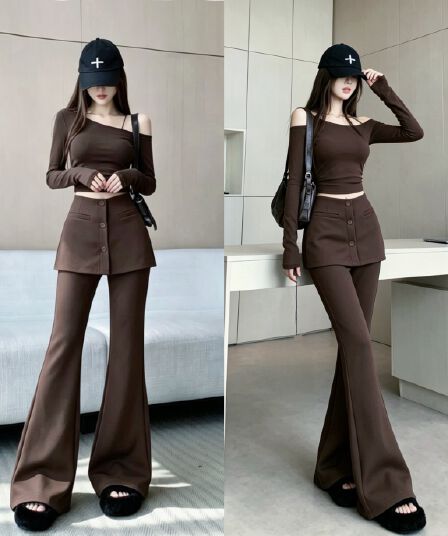 높은 품질 커피 색상 페이크 레이어드 방귀 커튼 부츠컷 바지 여성 2026 가을 새로운 하이웨이스트 슬림해 보이는 캐주얼 바닥 청소 바지 트렌디