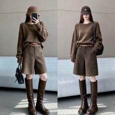 批发复古老钱风咖色呢料五分裤女2026秋季新款时尚气质高腰阔腿中裤<b class='q'>潮</b>
