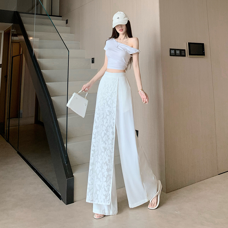 RY5529# 小众设计感不对称蕾丝拼接休闲阔腿裤新款层次感西装阔腿裤裙