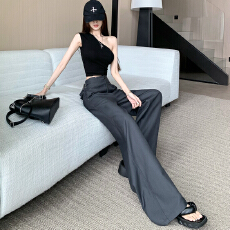 批发黑色高腰阔腿休闲裤<b class='q'>女</b>秋季2025新款设计感宽松显瘦直筒西装拖地裤