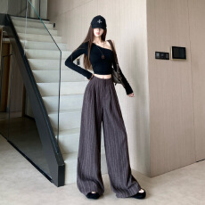 批发复古高腰显瘦设计感竖条纹阔腿裤女秋季百搭时尚显瘦长款<b class='q'>拖地</b>裤裙