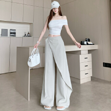 批发美式不规则飘带<b class='q'>西装</b>休闲裤女早春新款宽松慵懒松弛感直筒阔腿长裤