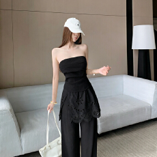 批发春夏套装新款设计感蕾丝拼接抹胸上衣高腰垂感阔腿裤<b class='q'>时尚</b>两件套女