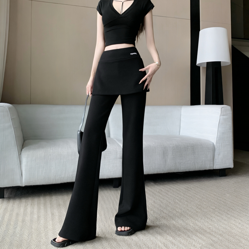 새로운 하이웨이스트 단색 패치워크 방귀 커튼 측면 트임 페이크 레이어드 슬림해 보이는 마이크로 범프 바지 캐주얼 바지 웨이 바지 찹쌀 바지