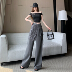批发灰色设计感蕾丝屁帘裤女2026春夏流行新款轻奢百搭直筒裤阔腿裤子