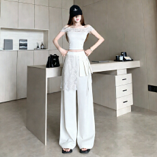 批发法式设计感蕾丝拼接假两件直筒阔腿休闲裤女2026今年流行百搭<b class='q'>长裤</b>