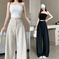 批发高腰垂感亚麻西装裤女2026春夏新款宽松直筒休闲拖地镰刀阔腿裤