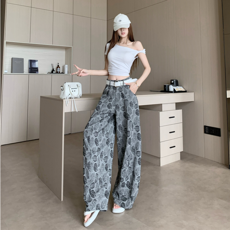 슈퍼 잘 생긴 회색 조정 나뭇잎 프린트 풍선 바지 모통이 칼 바지 나만의 것을 가져와 라. 센 부서 느슨함 센스 ~ 중 슬림해 보이는 캐주얼 바지 긴 바지