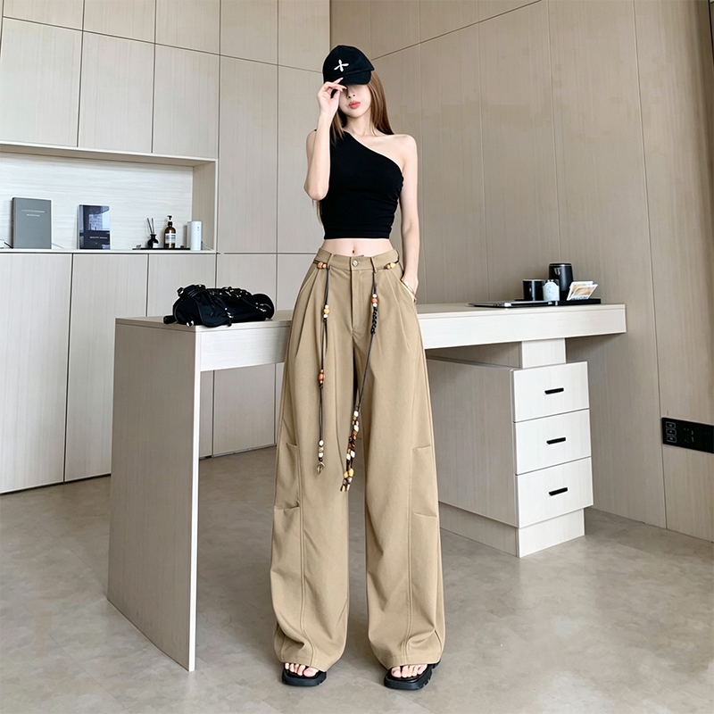 수공 비즈 벨트 코디 레트로 녹색 모통이 칼 바지 여성 패션 새로운 느긋한 펌프 Pleat 넓은 다리 캐주얼 바지