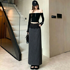 批发高腰深灰色A字西装半身裙女秋季显瘦垂感<b class='q'>百搭</b>蕾丝拼接直筒长裙子