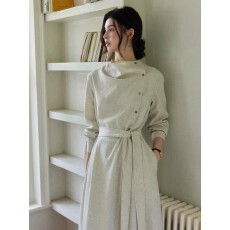 批发高级感长袖斜门襟连衣裙女秋知识分子风收腰裙
