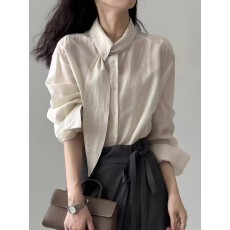 批发韩系围巾领长袖衬衫女秋季设计小众长袖上衣宽松<b class='q'>通勤</b>法式小资小衫