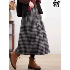 批发秋冬新款森系复古毛呢格子半身裙女士休闲高腰气质裙