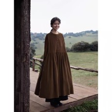 批发细腻感细坑全棉灯芯绒长裙 秋冬保暖半开门襟长袖圆领<b class='q'>连衣裙</b>