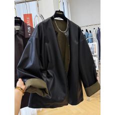 批发新款慵懒风宽松休闲单面穿圆领皮衣外套女春<b class='q'>秋</b>pu皮夹克