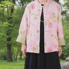 批发新中式粉色印花上衣国风盘扣加摇粒绒开衫