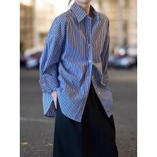 批发<b class='q'>春</b>节慵懒风蓝色条纹衬衫女<b class='q'>春</b>秋上衣复古港味宽松长袖