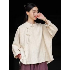 批发春季禅服女<b class='q'>棉麻</b><b class='q'>上衣</b>宽松长袖衬衫复古盘扣立领斜襟茶服