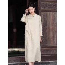 批发春季新中式棉麻连衣裙复古禅意长裙子斜襟盘扣改良旗袍裙