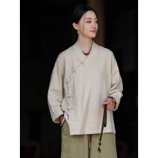 批发春季新中式上衣女棉麻中式盘扣斜襟<b class='q'>长袖</b><b class='q'>衬衫</b>禅修居士服茶服开衫