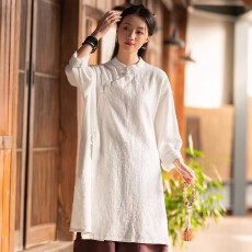 批发春季新中式新款复古中国风棉麻上衣中长款盘扣斜襟系绳茶禅服
