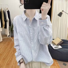 批发春季<b class='q'>条纹</b>长袖衬衫女复古减龄上衣2026新款打底衬衣