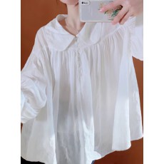 批发春季娃娃领文艺<b class='q'>棉麻</b>白衬衫长袖女秋季复古灯笼袖苎麻衬衣