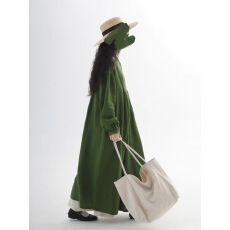 批发春季<b class='q'>亚麻</b>绿沈色长袖<b class='q'>连衣裙</b>女早秋新款文艺气质宽松长袍裙子